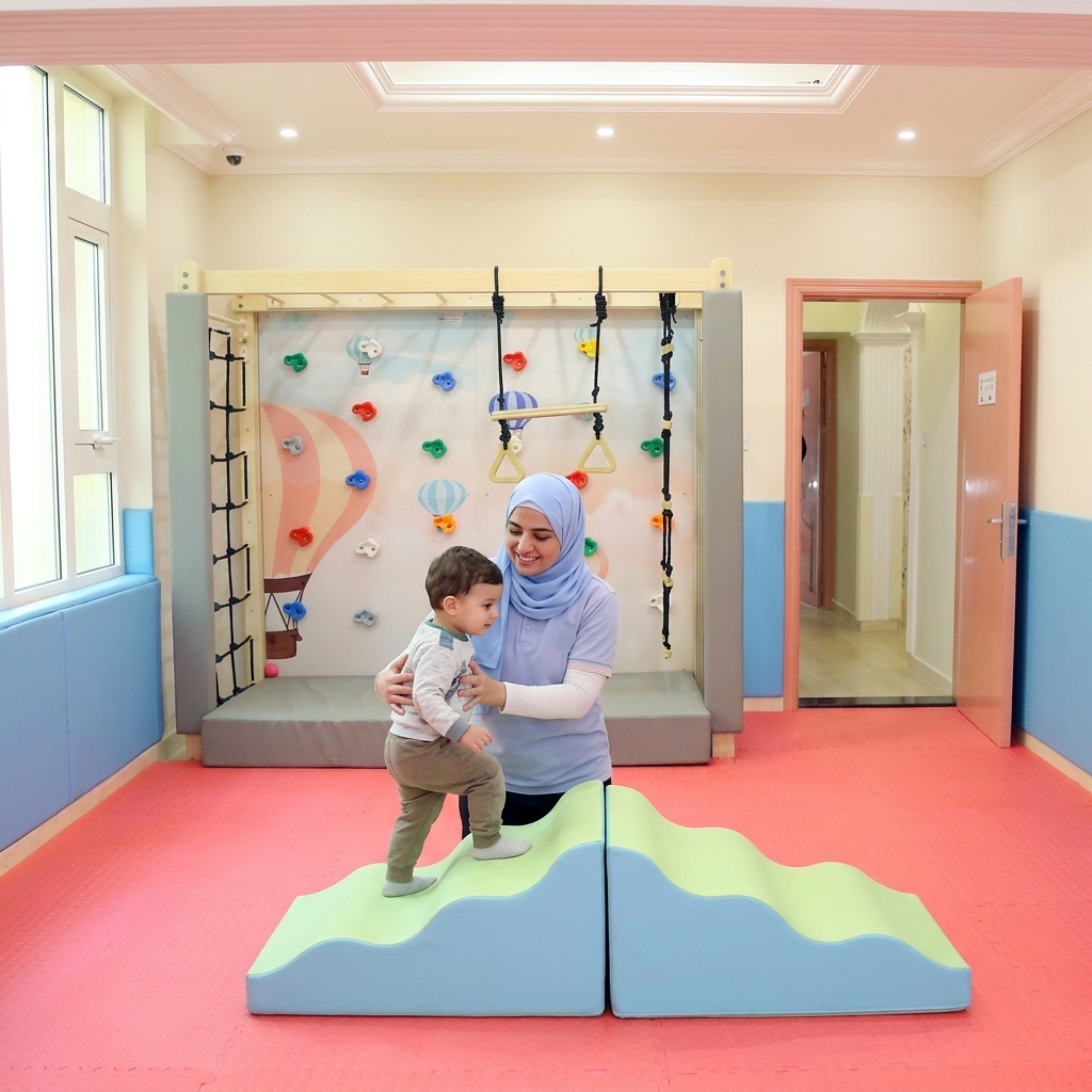 Friendly nursery carer helping a toddler boy climb the indoor gym steps
