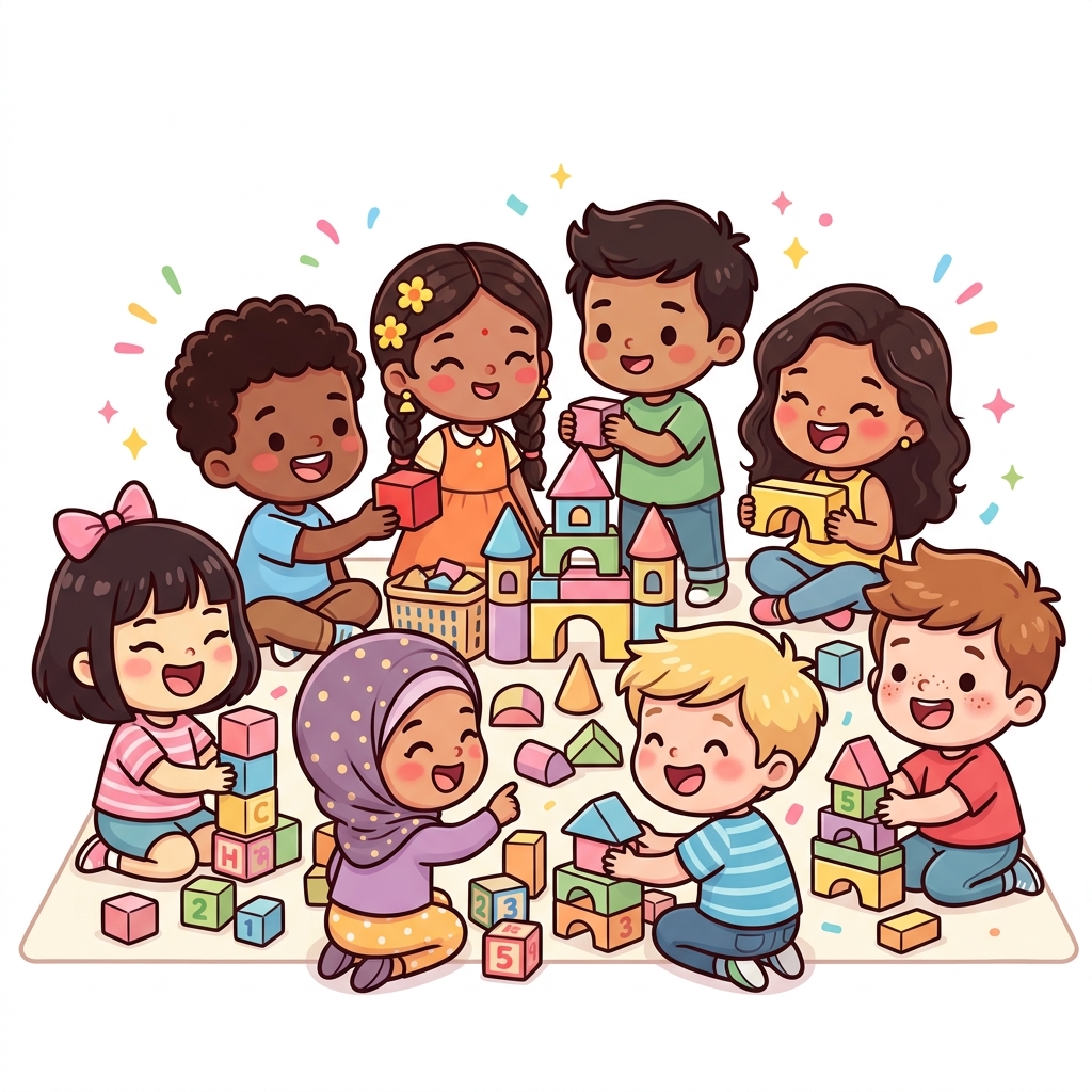 Diverse cartoon children playing with toy blocks together