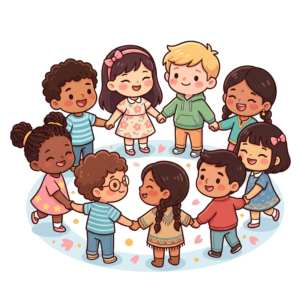 Diverse cartoon children holding hands in a circle