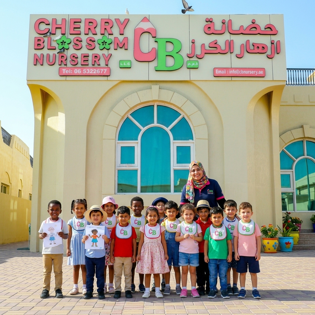 Diverse group of children and a teacher standing outside Cherry Blossom Nursery