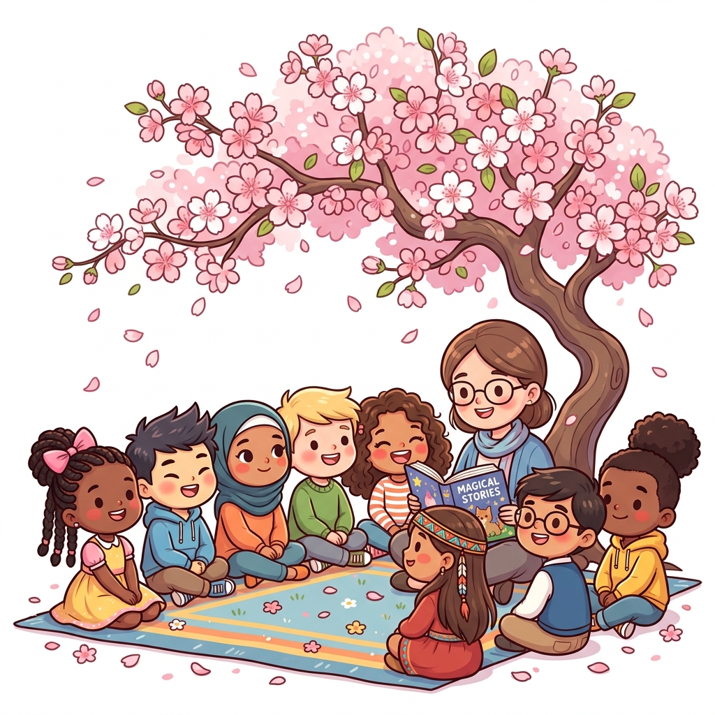 Diverse cartoon children listening to a story under a cherry blossom tree