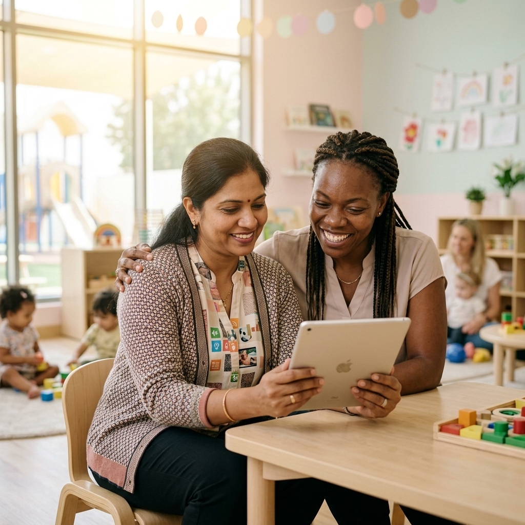 A mother and preschool teacher discussing a child's progress on a digital tablet