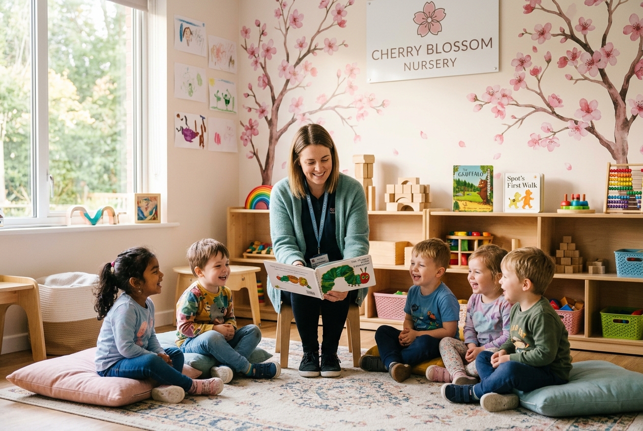 A preschool teacher reading a story to happy children in our warm, cozy classroom